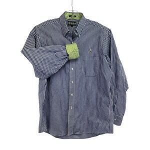 PGA Wingfoot CC Mens Large Blue/WhitePlaid Flip Cuff Button Down Golf Shirt (W44